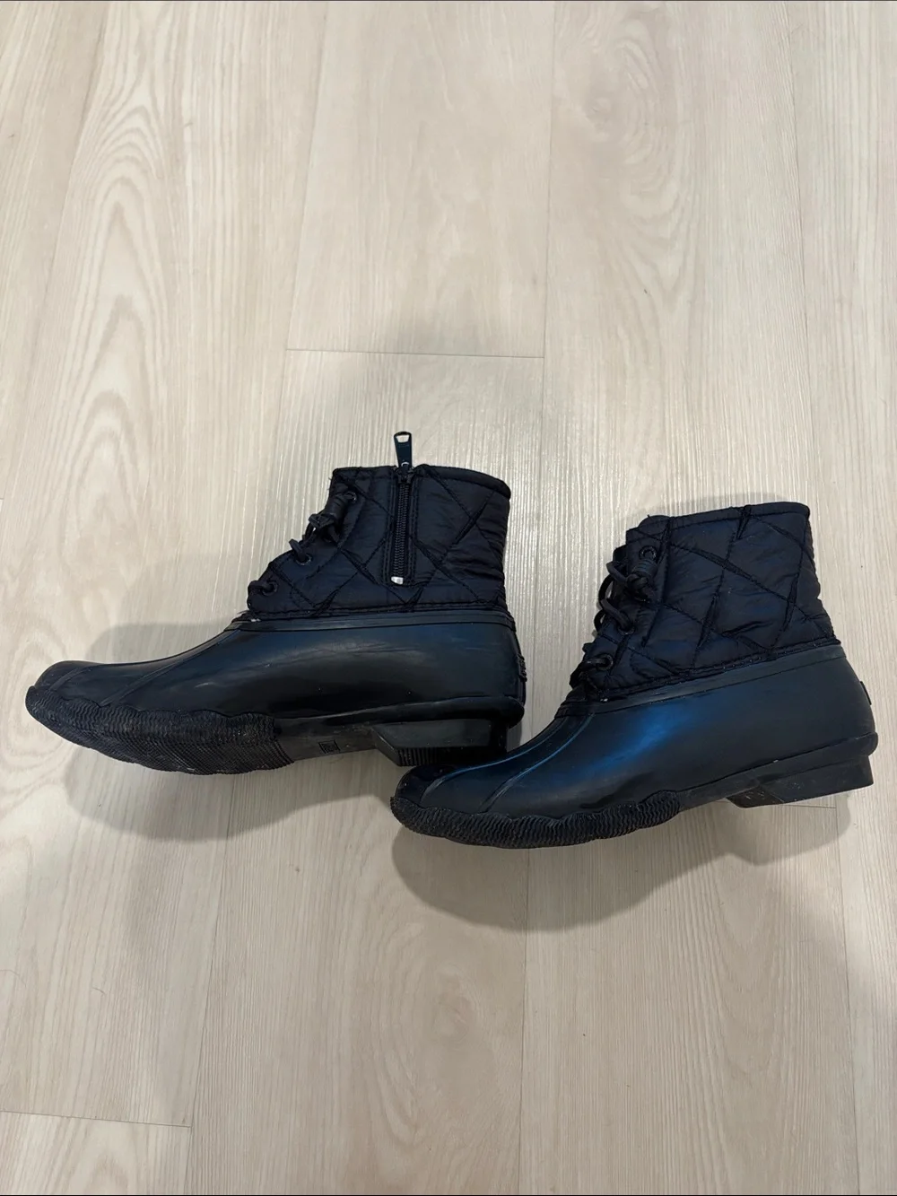 Sperry Black Waterproof Duck Boots with Plaid Lining
